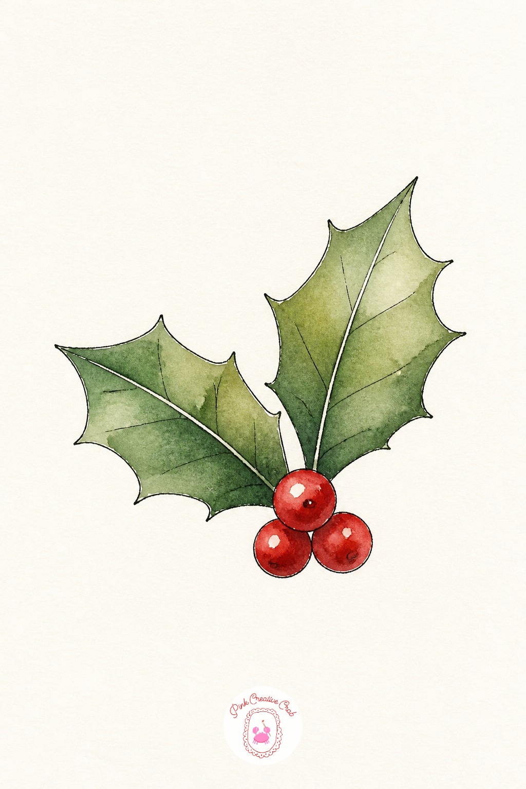 Single Holly Sprig — Start with two small oval leaves in green, side by side, pointed at both ends. Watercolor christmas card ideas