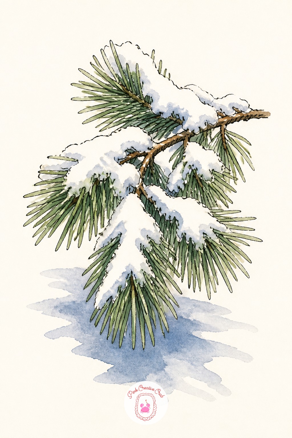 Snowy Pine Branch — Work the eye level low, as if looking up slightly into the branch, so the needles fan outward and down rather than sitting flat and