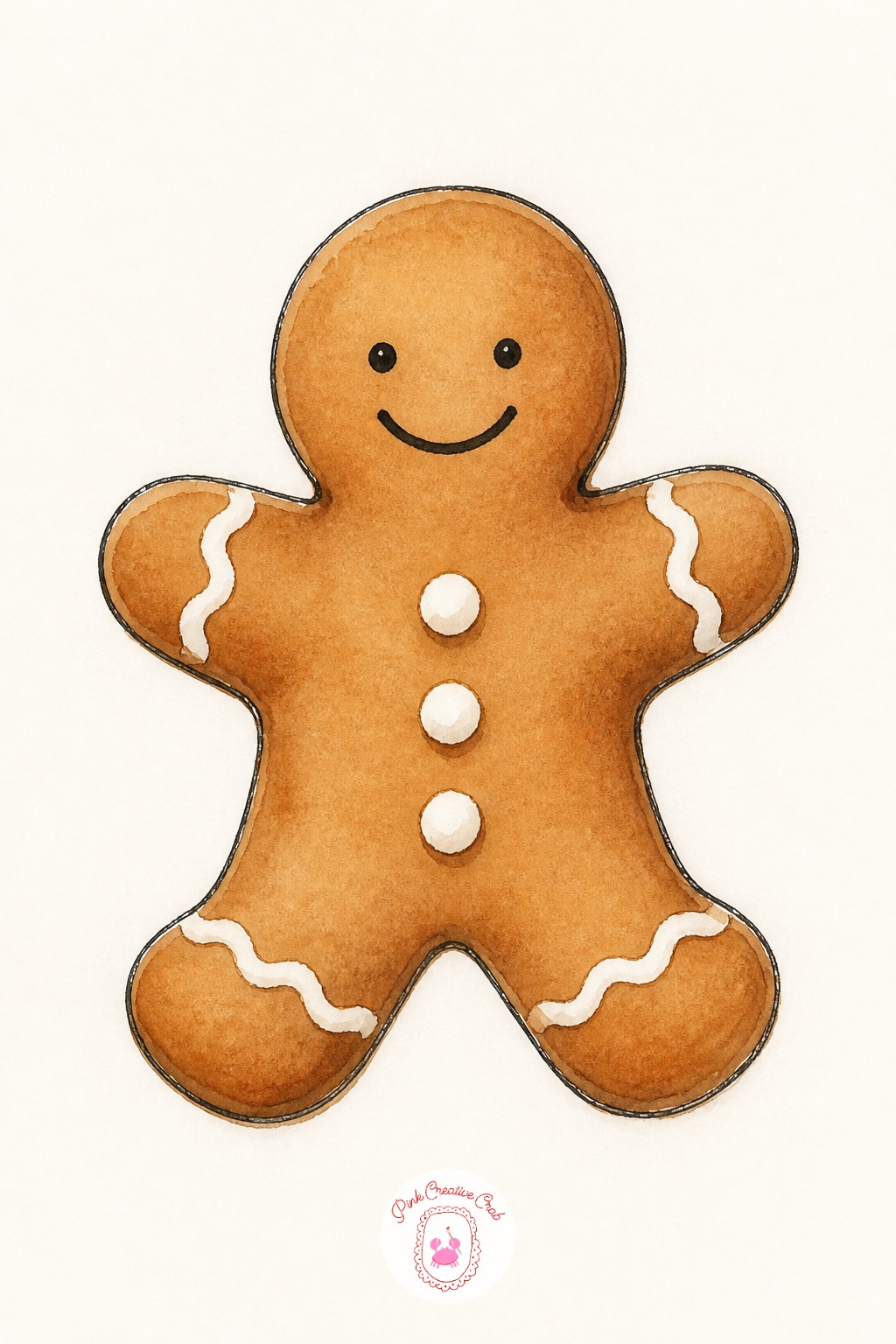 Gingerbread Man — First three marks: the head circle, then the body as a slightly wider oval below it, then the four limb shapes stuck straight out. Watercolor