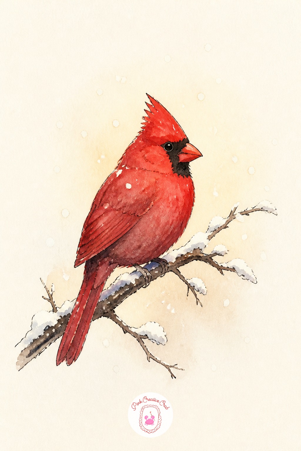 Cardinal in the Snow — Light source sits above and slightly to the left here, so paint the top of the cardinal's back a cleaner, brighter red and let the