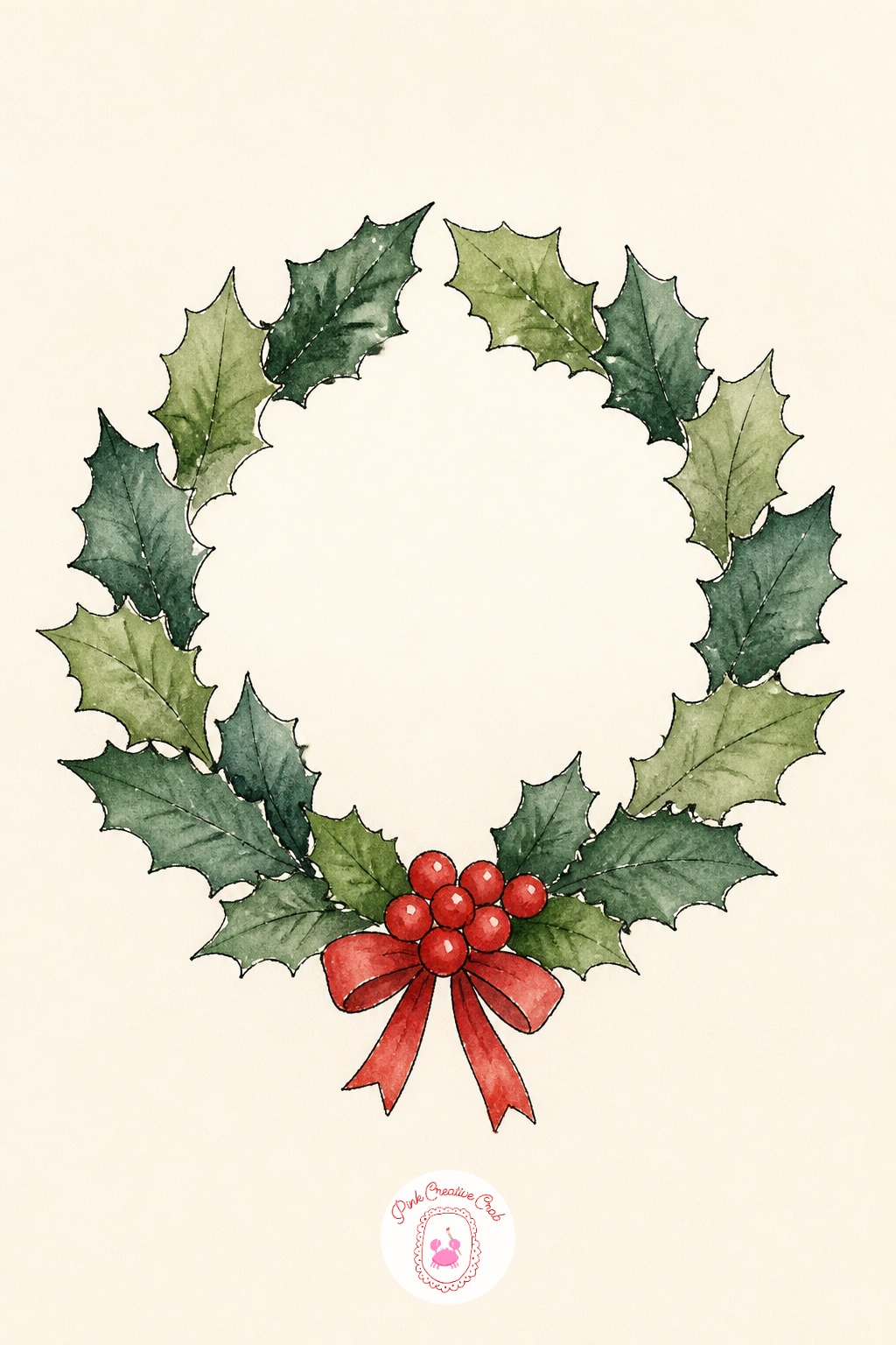 Holly Wreath Circle — Draw a faint pencil circle as a guide first, this single step keeps a wreath from drifting into an oval by the time you reach the bottom.