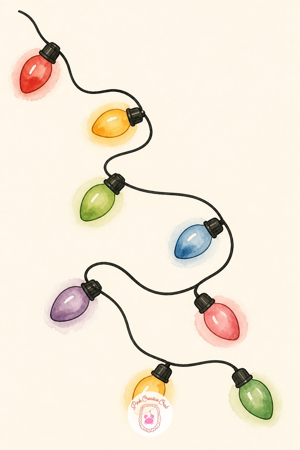 Christmas Lights String — Paint the wavy black cord first with pen, in one loose continuous line across the card, then drop small ovals of color along it in