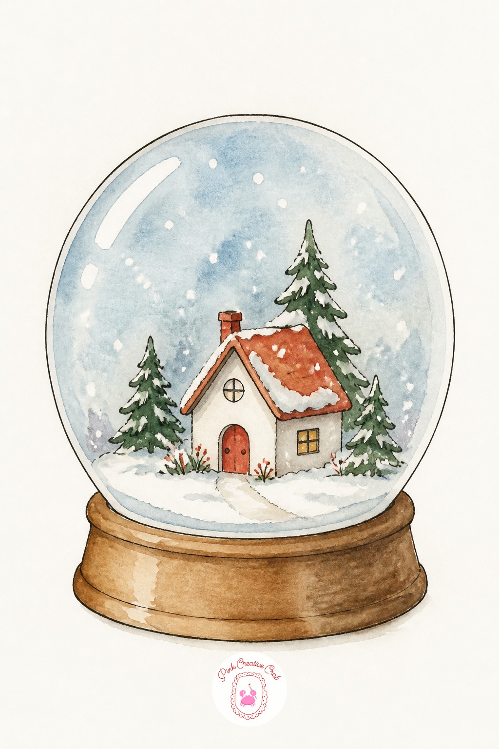Snow Globe Scene — Paint the dome outline in pen first as a single curved arch shape, this becomes the frame everything else sits inside. Watercolor christmas