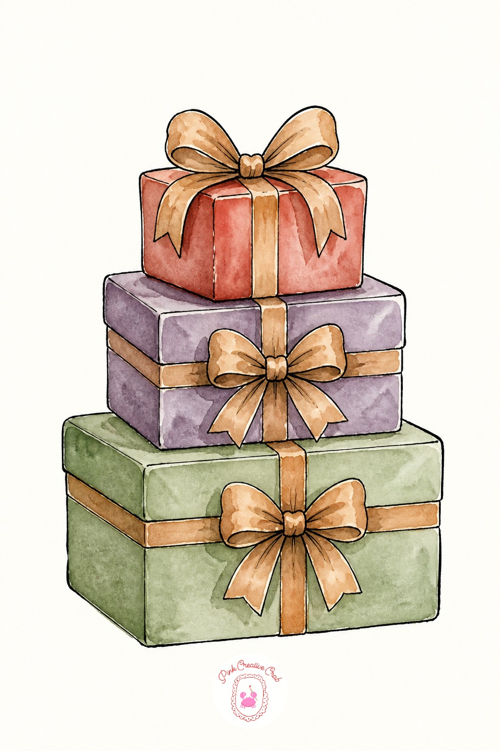 Wrapped Gift Stack — Three boxes in a stack work best when each one is clearly a different size, smallest on top, so sketch three rectangles of decreasing size