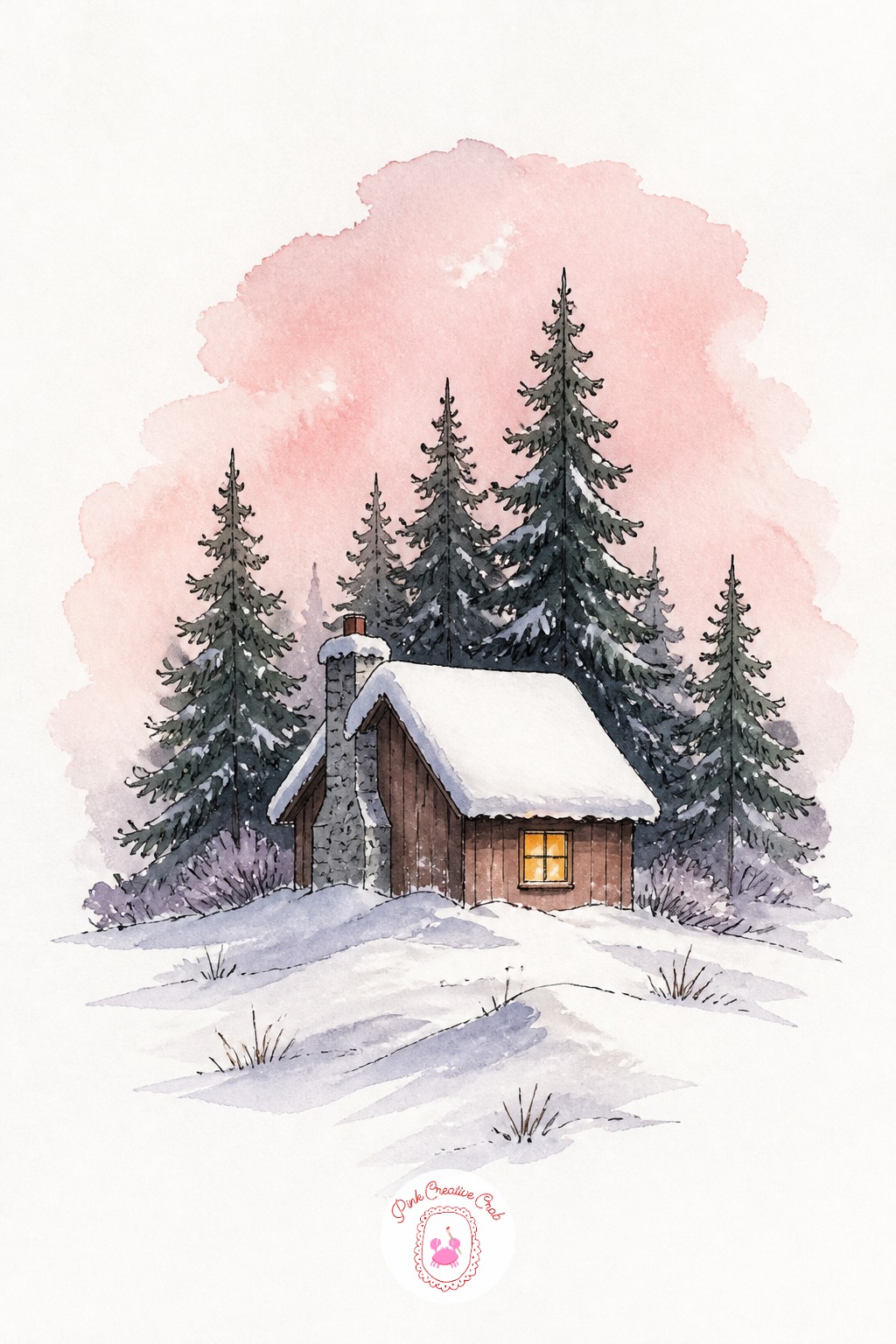Winter Cabin Scene — Perspective matters most here: keep the eye level low, roughly at the cabin's windowsill height, so the roofline angles slightly away and