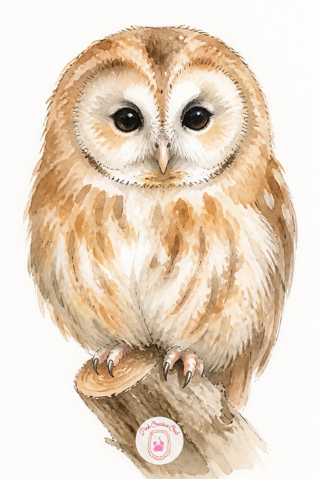 Owl Perched on a Branch Stub — Build an owl in three stages: the rounded body shape, the large flat facial disc, then the two eyes last, placed close together