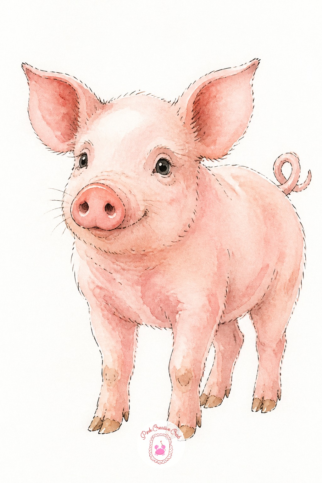 Piglet With Curly Tail — Farm animals open with a piglet, built from one rounded oval body and a slightly smaller circle for the snout pressed into the front.