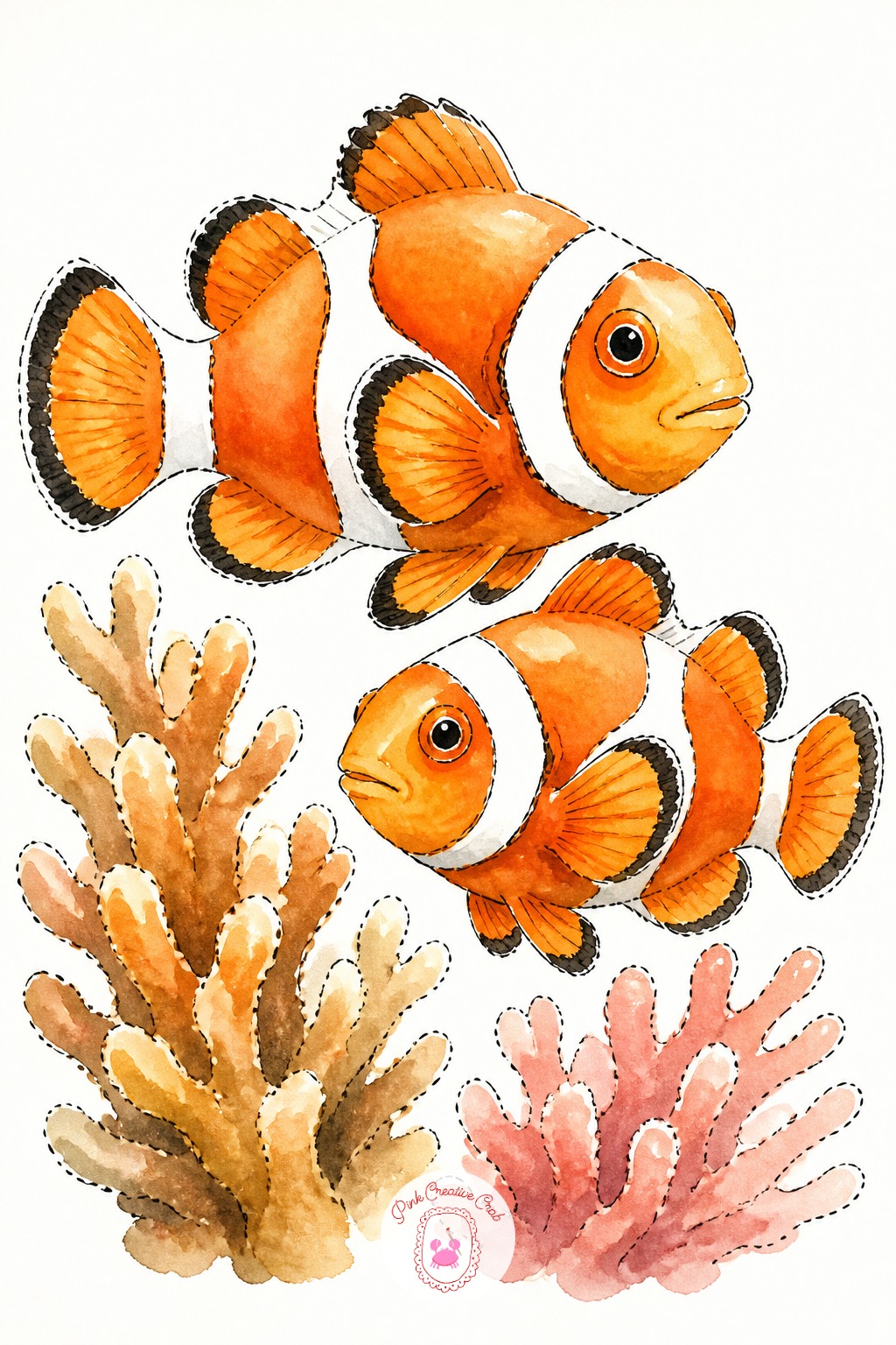 Clownfish Pair Among Coral — Sea life starts with a clownfish pair, which is forgiving because the orange and white stripes do most of the visual work. Cute