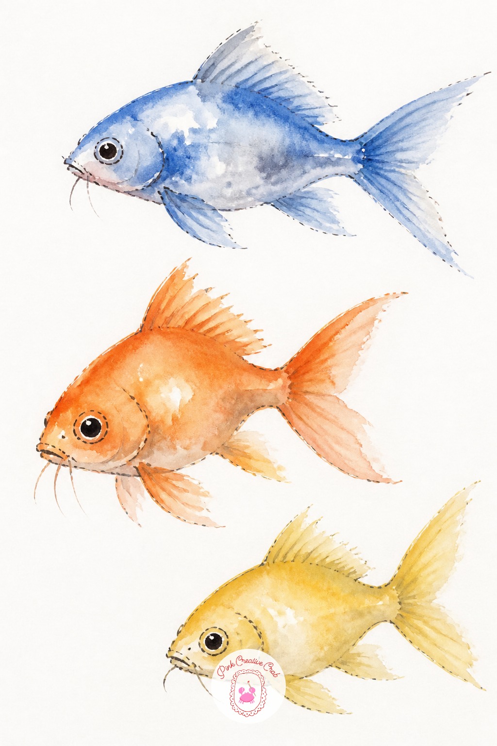 Three Small Fish Studies — Work small and fast here: three separate little fish, no bigger than a thumb each, arranged loosely across the page rather than