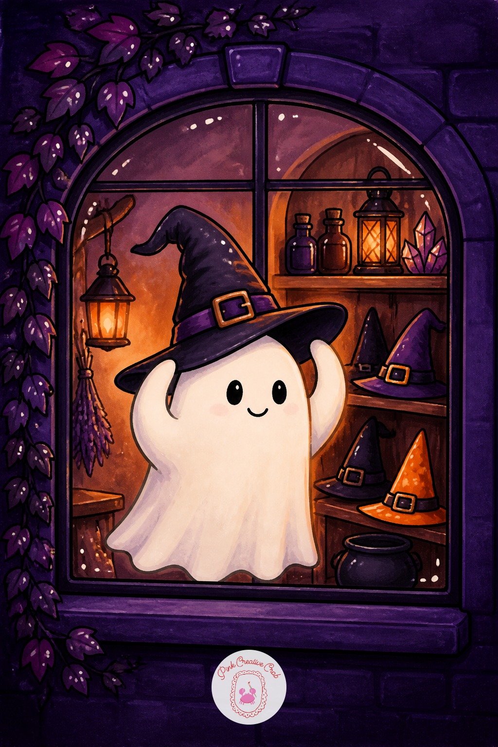 Ghost Trying On A Witch Hat — Start with the shop window frame as a simple rectangle, then draw the ghost inside it before anything else. Halloween sketchbook