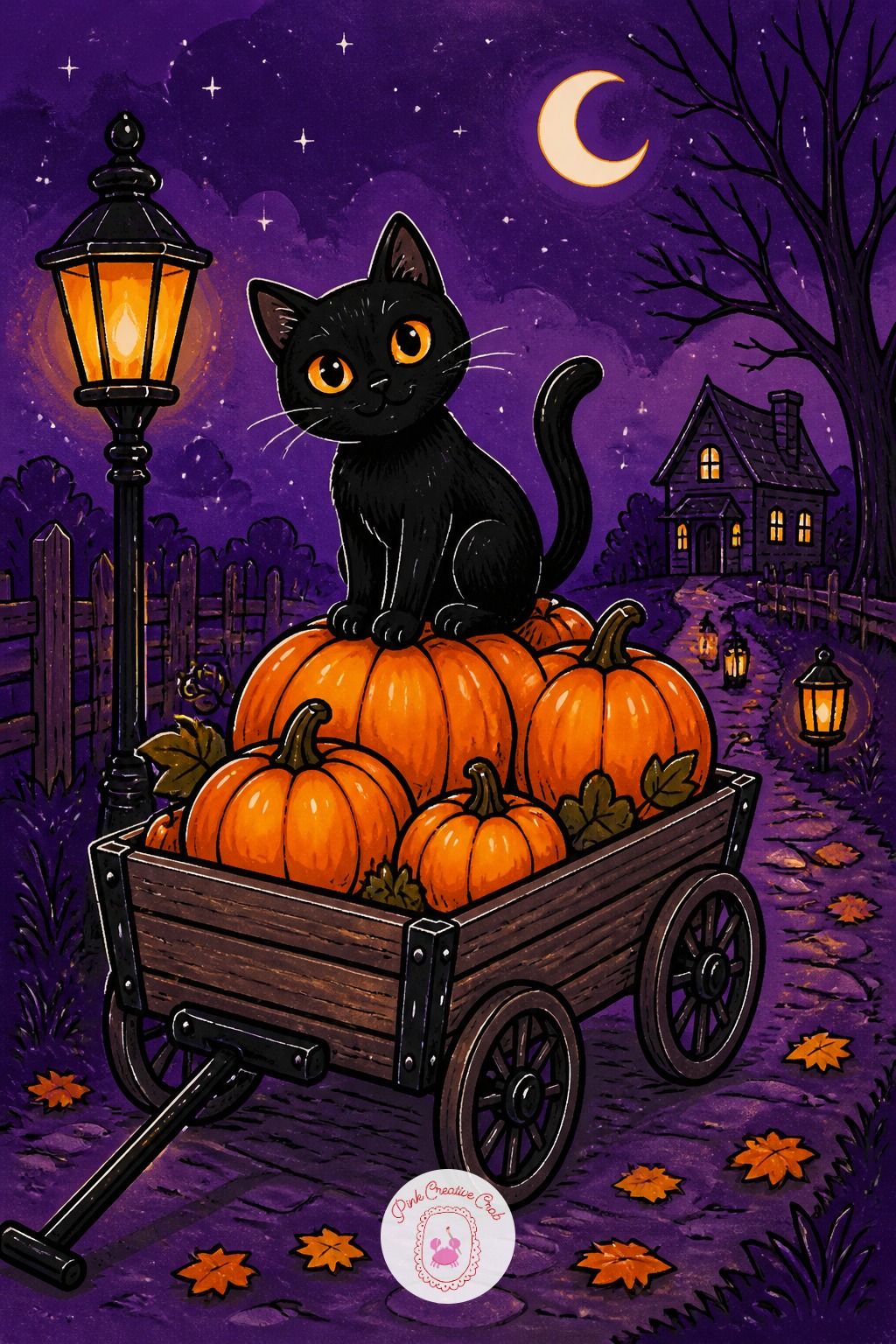 Black Cat Riding A Pumpkin Wagon — Which pen width you choose here changes everything: use a thicker fineliner (around 0.5) for the wagon's wooden slats and a
