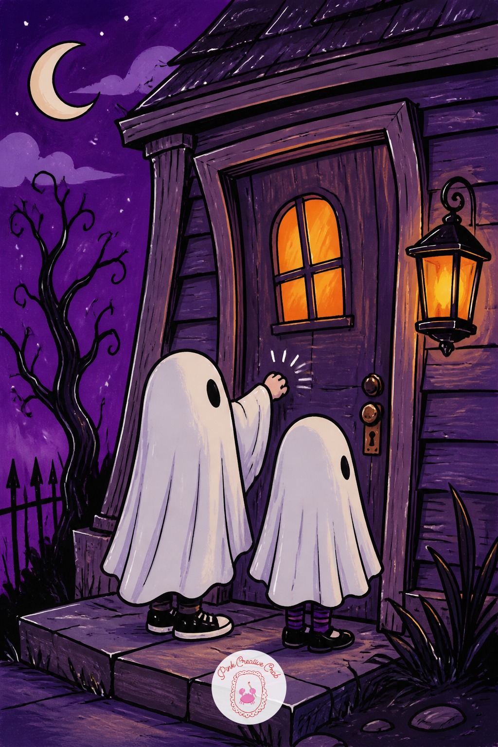 Two Kids In Sheet Costumes At A Crooked Door — Put down three marks in this order: the crooked door first, leaning a few degrees off vertical so the whole