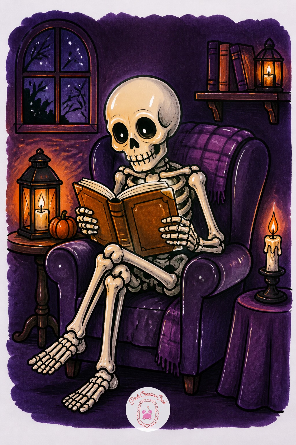 Skeleton Reading By Candlelight — Keep the skeleton's proportions simple: the skull is about one head tall, and the whole seated body in the armchair fits into