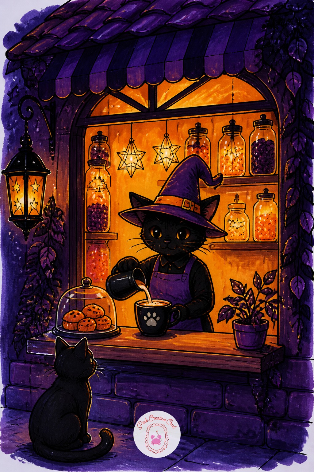 Witch's Cat Cafe Window — Eye level sits low here, around the cafe counter, so you are looking slightly up at the shelves of jars and the cat barista behind