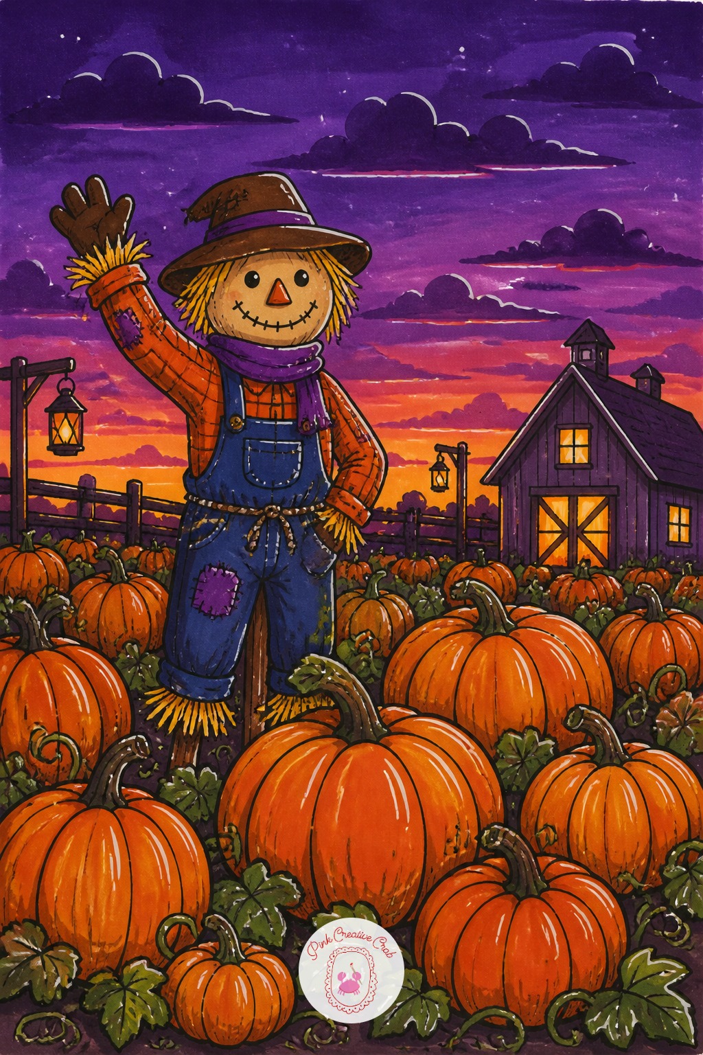 Pumpkin Patch At Dusk With A Scarecrow Waving — The usual mistake here is drawing every pumpkin the same size in a neat row, which flattens the whole field.