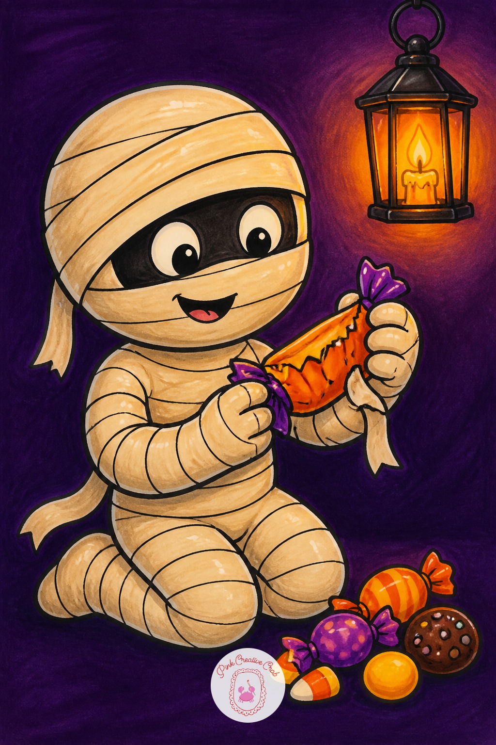 Mummy Unwrapping A Candy Wrapper — Ten minutes gets you the mummy's basic wrapped shape, two simple eye gaps, and one candy wrapper held up in its hand