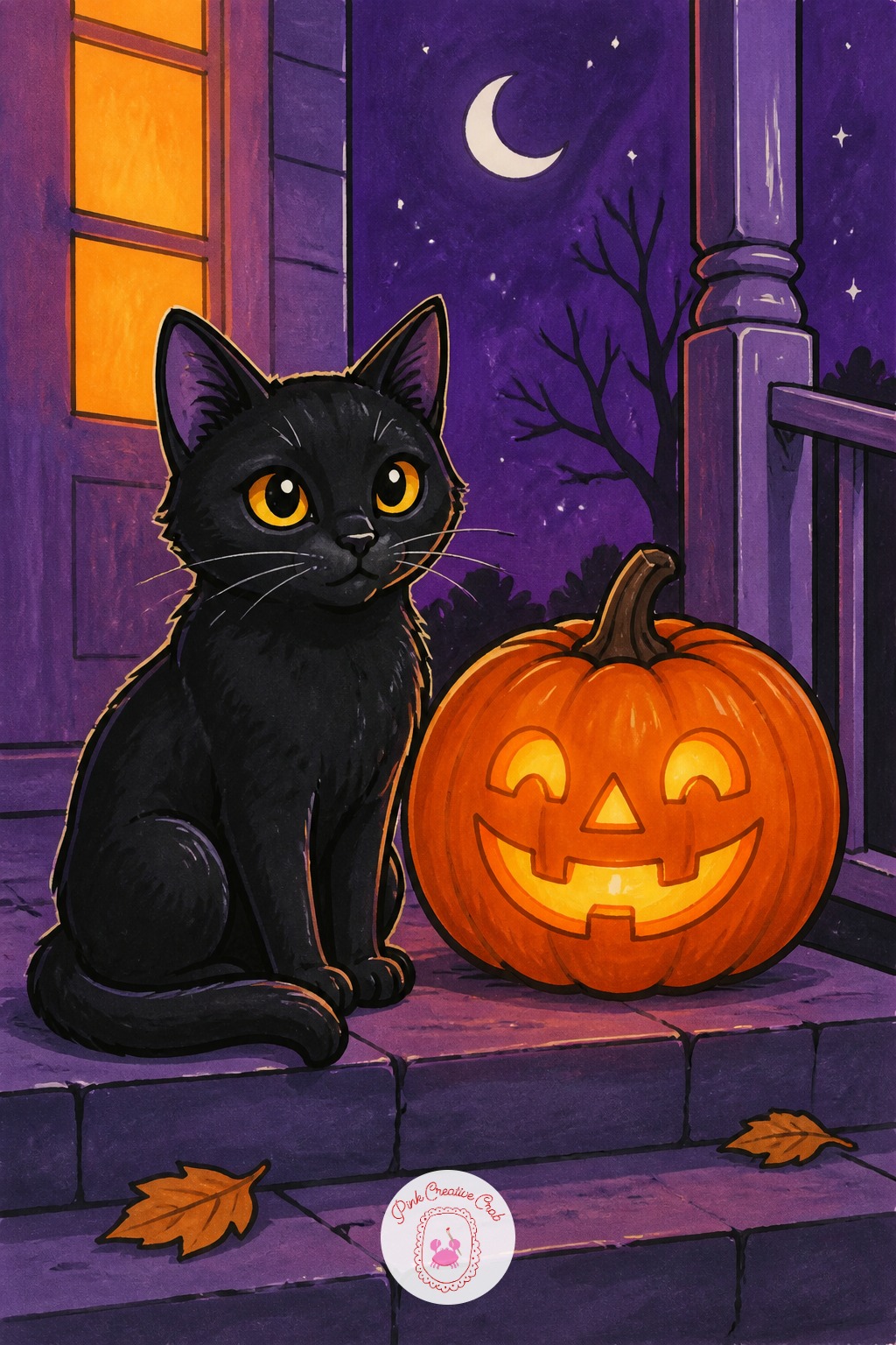 Black Cat And Jack-O-Lantern Sharing A Porch Step — Try this on the edges: use dry brush strokes if you are adding any watercolor wash first, or on marker
