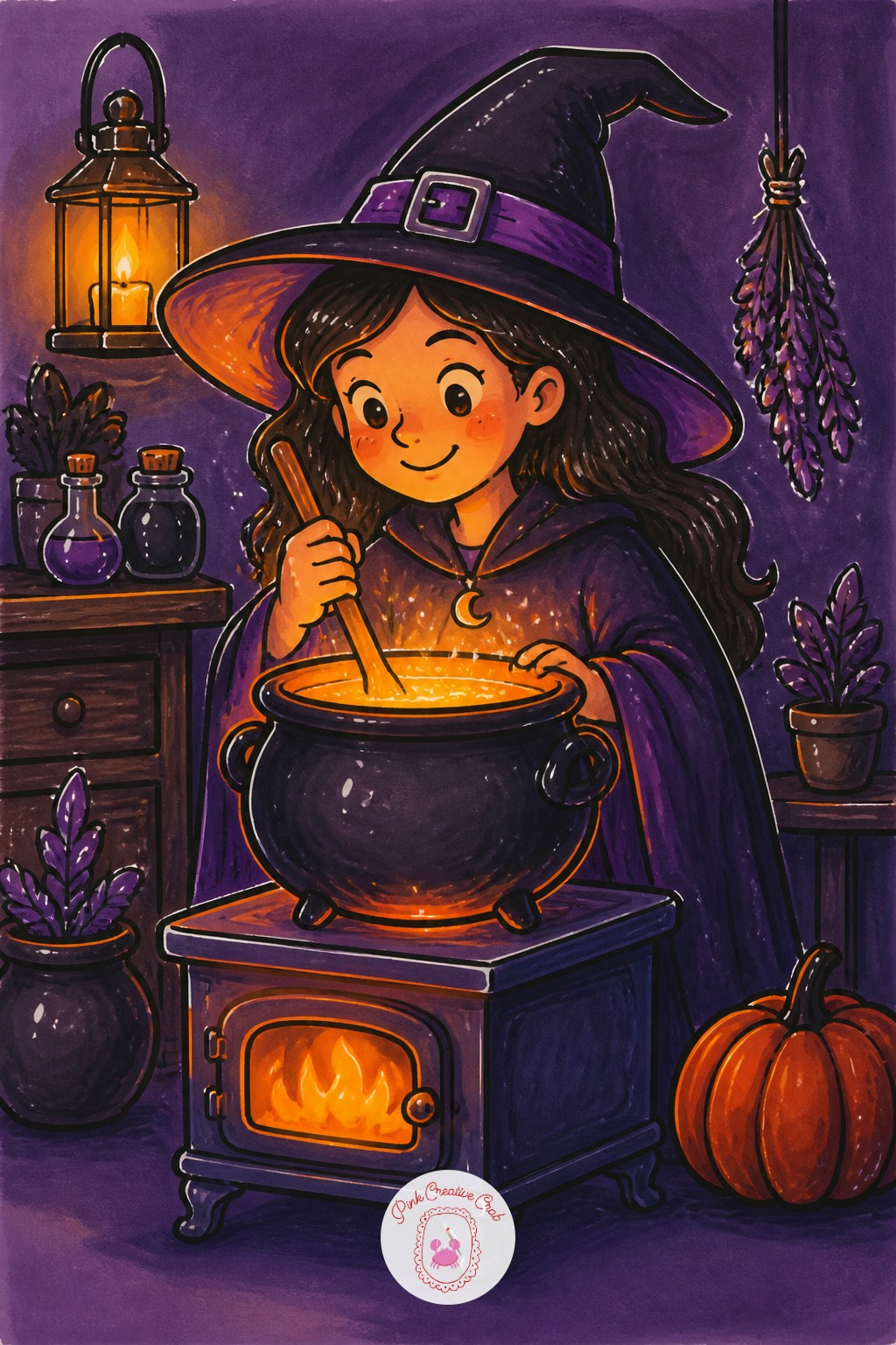 Witch Stirring A Pot On A Tiny Stove — Light sits low and orange here, coming straight up out of the pot itself, so shadows on the witch's face and apron fall