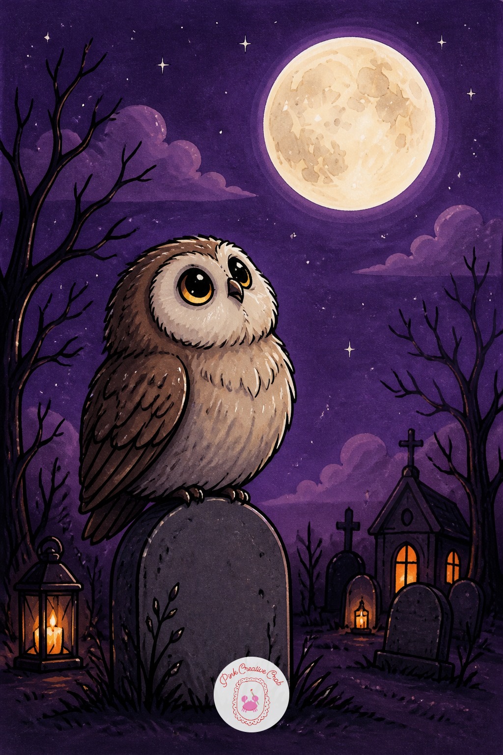 Owl Perched On A Gravestone Reading The Moon — Keep the gravestone proportion simple: about as wide as the owl's body and roughly one and a half owl-heights