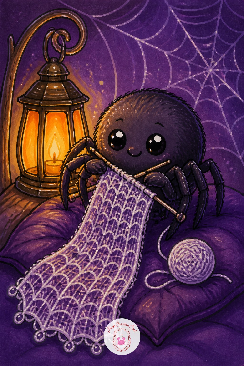 Spider Knitting A Web Scarf — First three marks: the spider's round body, then its eight legs in simple curved lines radiating outward, then the half-finished