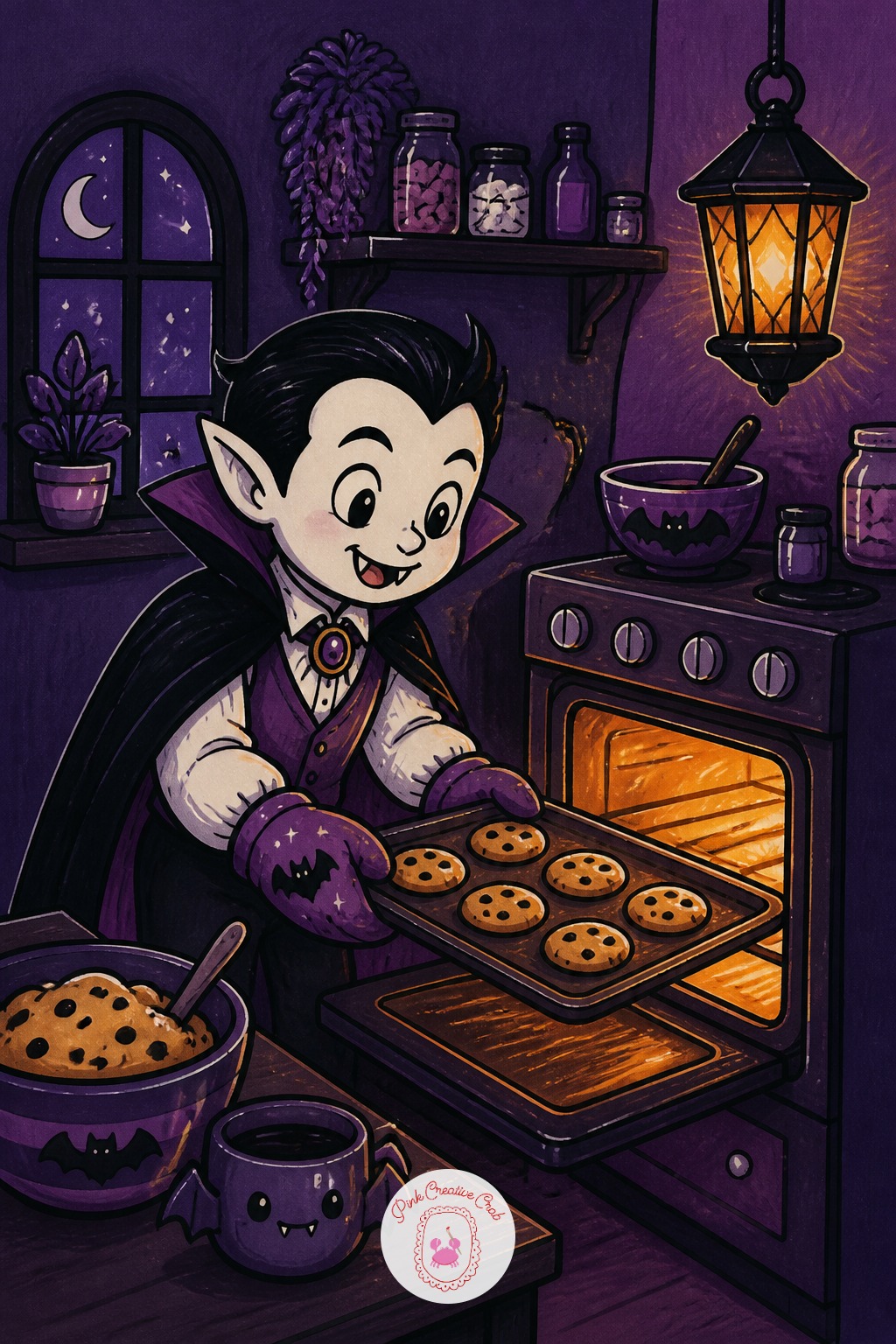 Vampire Baking Cookies In A Tiny Kitchen — Eye level here sits at counter height, looking straight across rather than down, which keeps the kitchen feeling
