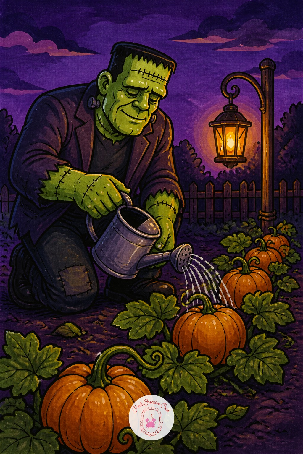 Frankenstein's Monster Tending A Pumpkin Garden — The usual mistake with a tall character like this is making the head too large for the body out of habit from