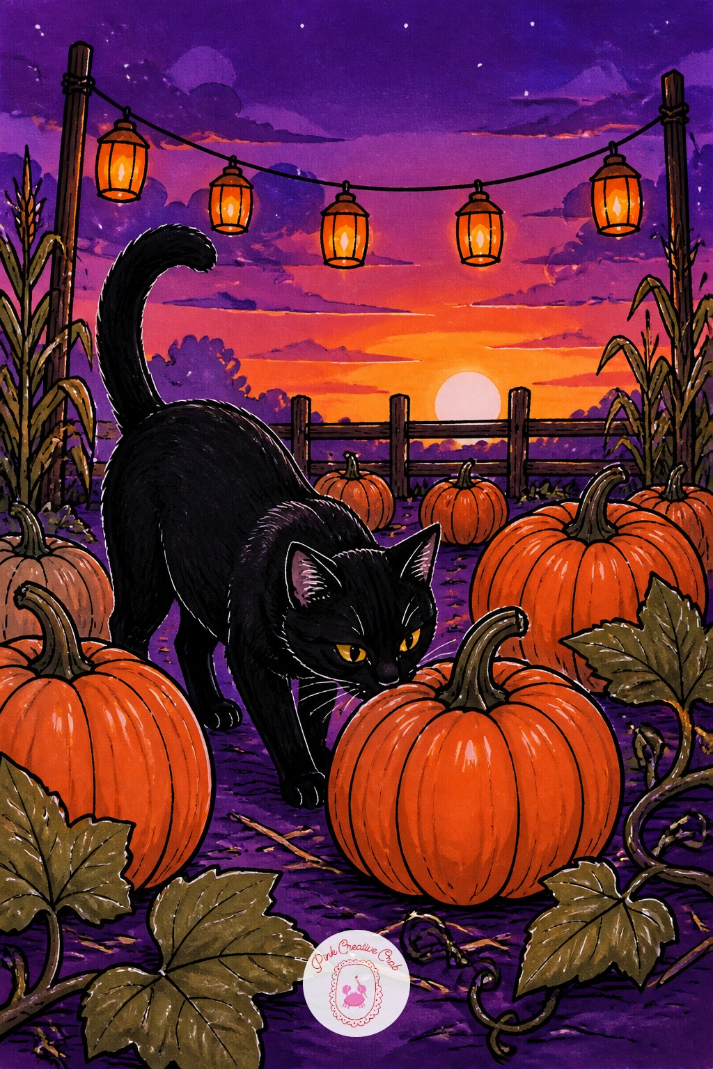 Black Cat Choosing A Pumpkin At The Patch — Vary this one next time by changing which pumpkin the cat is sniffing or pawing at, or by swapping the cat for a