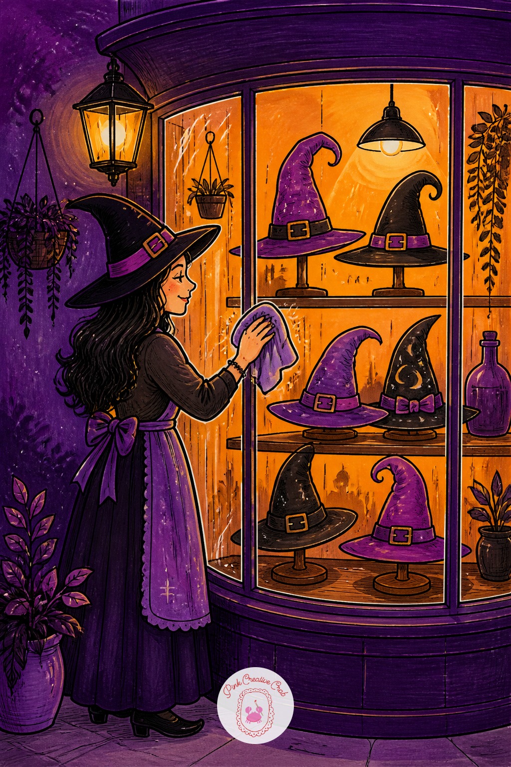 Witch Hat Shop Owner Dusting The Window Display — Thicker fineliner on the shop's window frame and shelf edges, finer line on the witch's dusting feather and