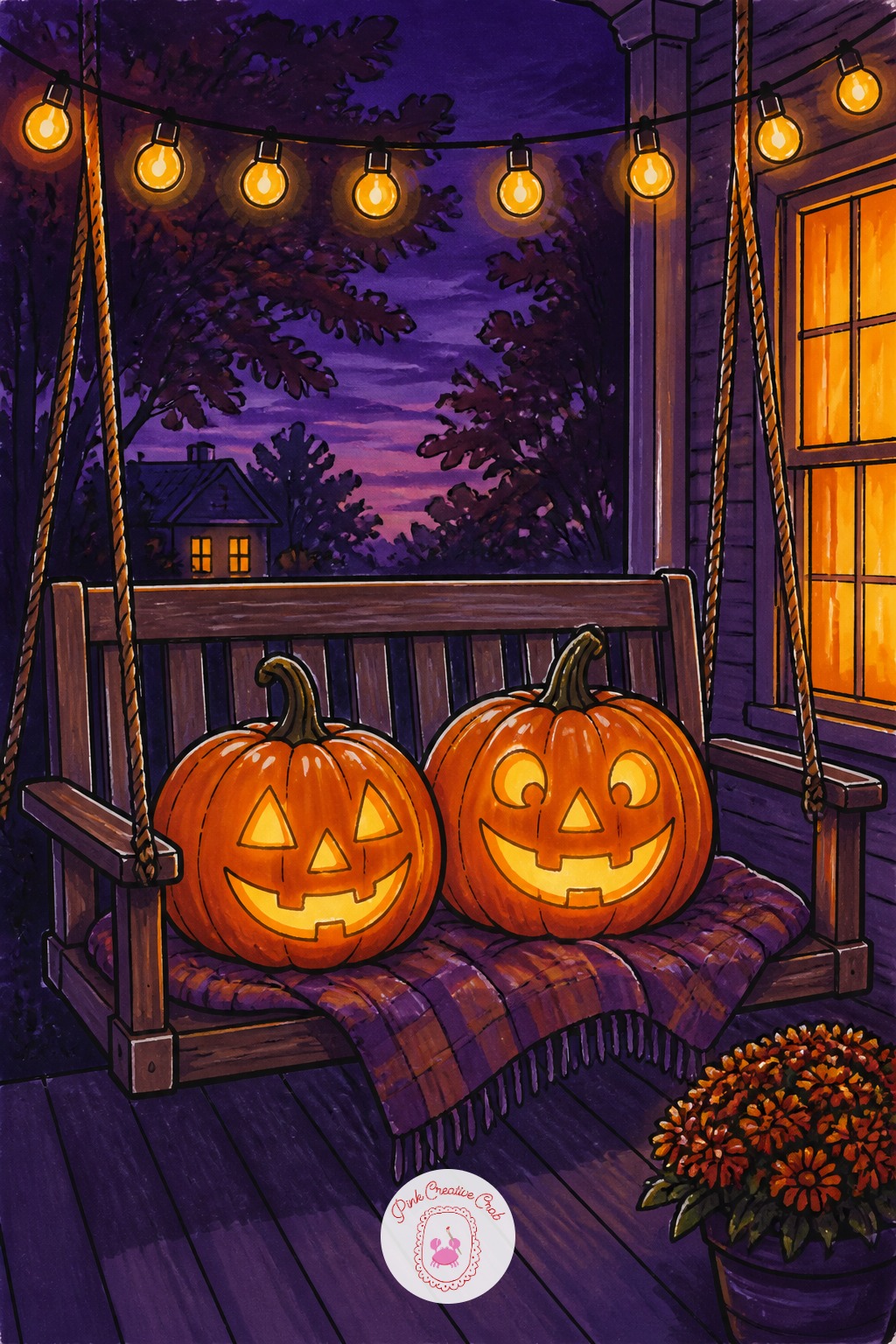 Two Pumpkins On A Porch Swing Under Fairy Lights — Measuring trick: let the porch swing's chain length and the pumpkins' seated height match roughly what a