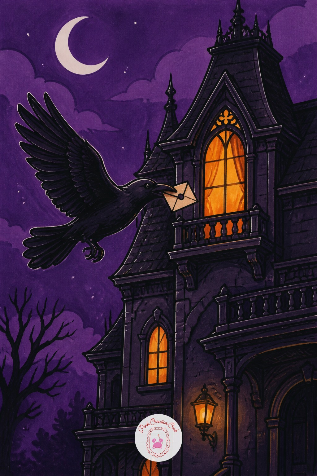Raven Delivering A Letter To A Haunted Mansion — Light comes from a single upstairs window of the mansion here, which should be the brightest orange spot on