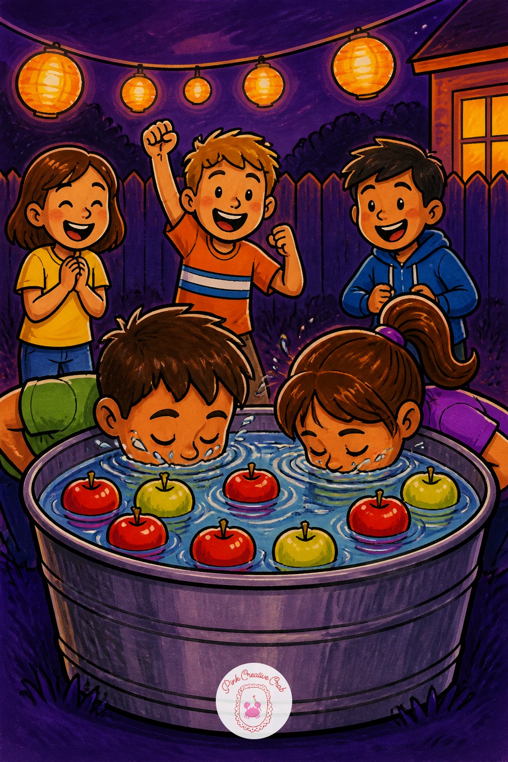Kids Bobbing For Apples At A Backyard Party — Keep this one to the quick version first: two kids leaning over a round tub, simple bent-over postures with one