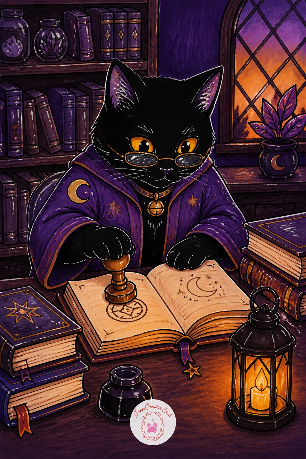 Black Cat Librarian Stamping Spell Books — The usual mistake with a desk scene is making the stack of books all the same size and angle, which looks stiff.