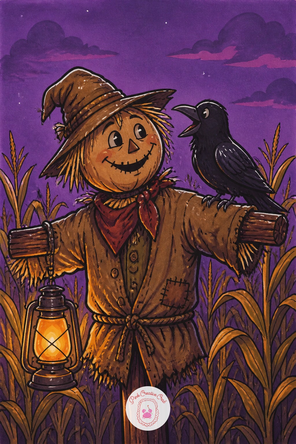 Scarecrow And Crow Sharing A Joke In The Field — Try the edges loose here: let the scarecrow's straw bits poke out unevenly along its sleeves and collar rather