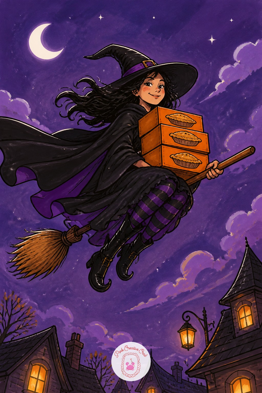 Witch On A Broomstick Delivering Pumpkin Pies — Eye level sits below the witch here, looking up as she flies past, which means the broomstick's underside and