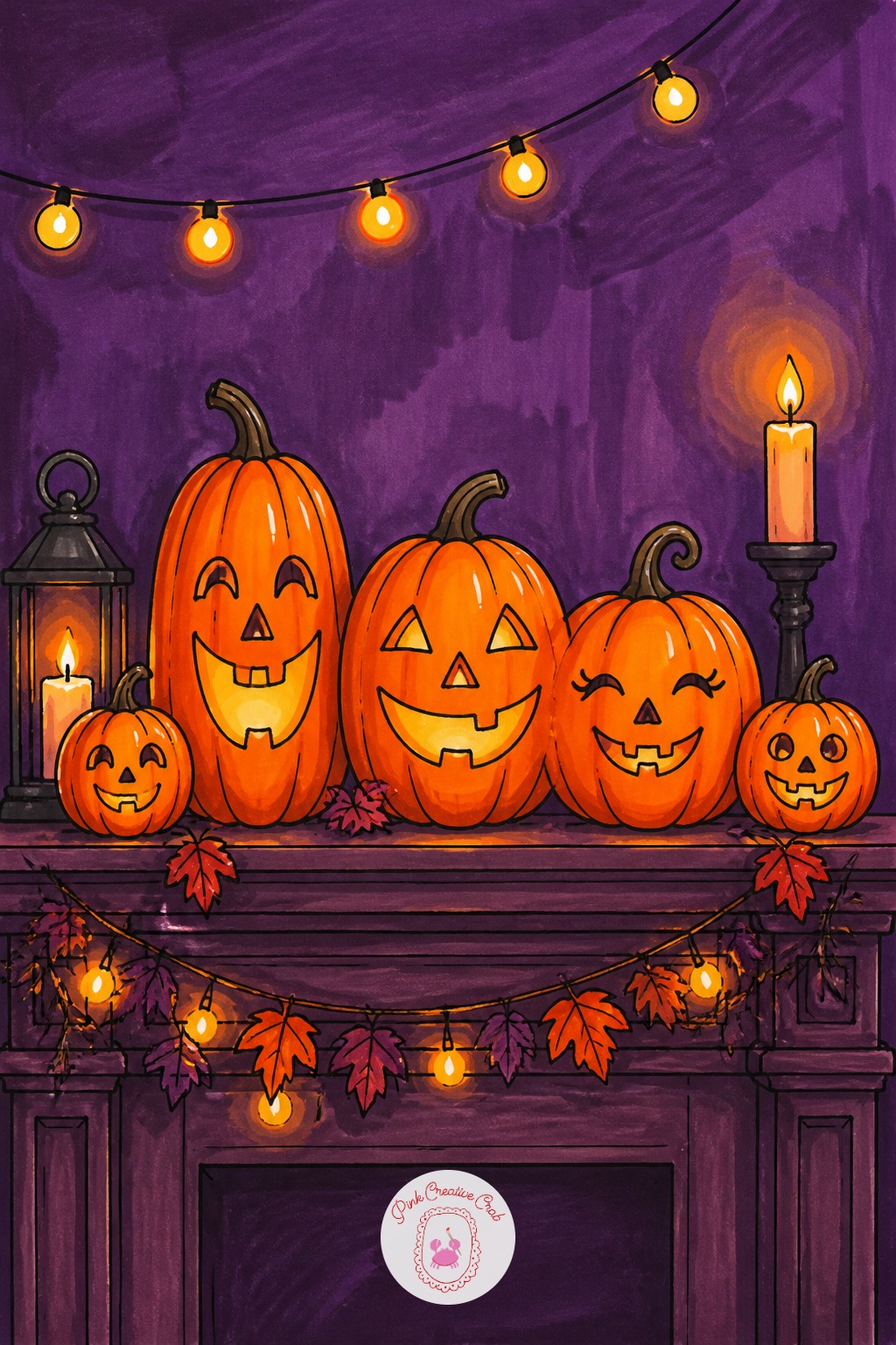 Pumpkin Family Portrait On The Mantel — Build this one with a clear measuring anchor: line up all the pumpkins' carved eye-heights roughly along one horizontal