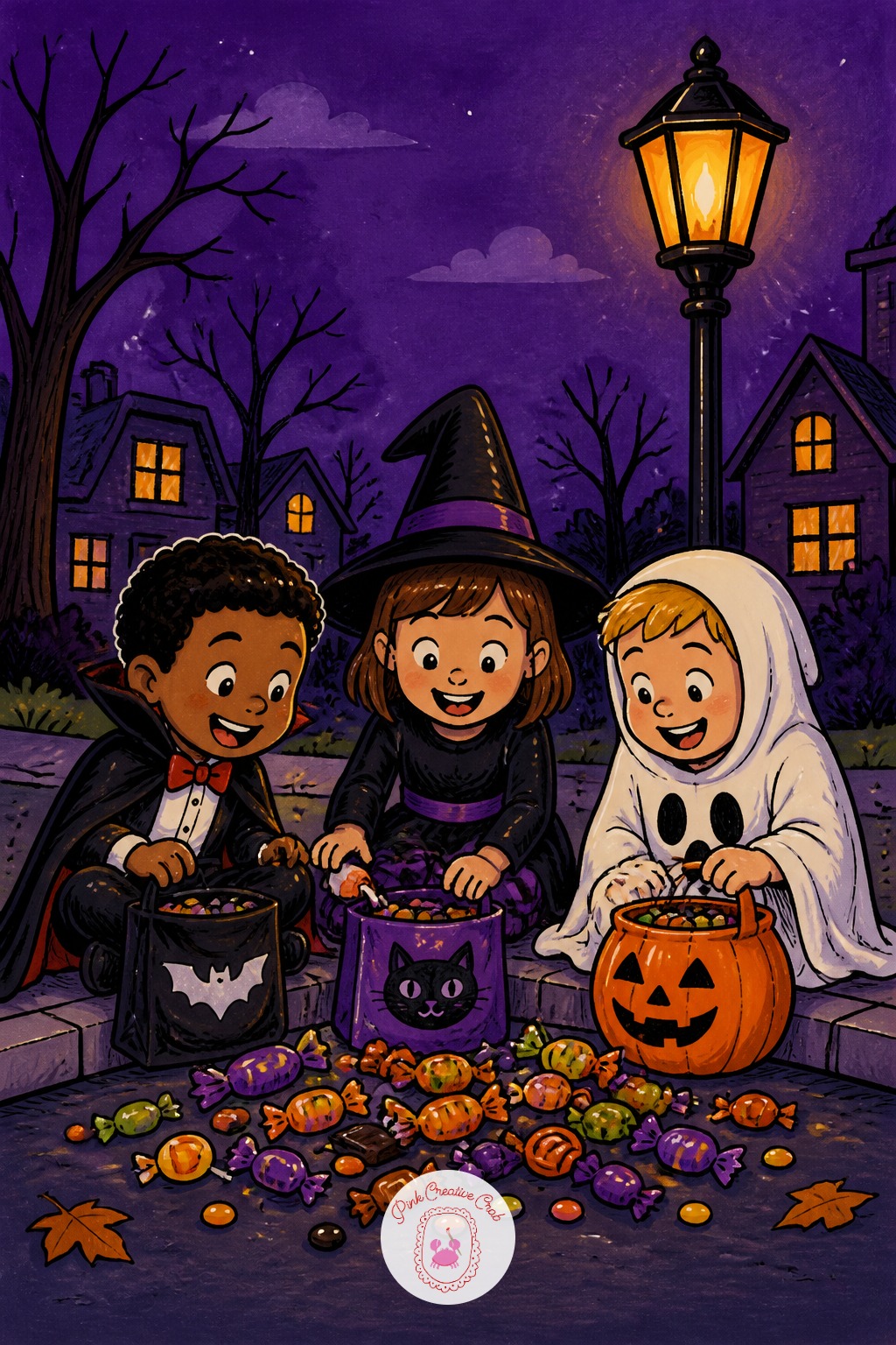 Trick-Or-Treaters Comparing Candy Hauls On The Curb — Ten minutes gives you two or three kids in simple costumes sitting on a curb, candy bags tipped open