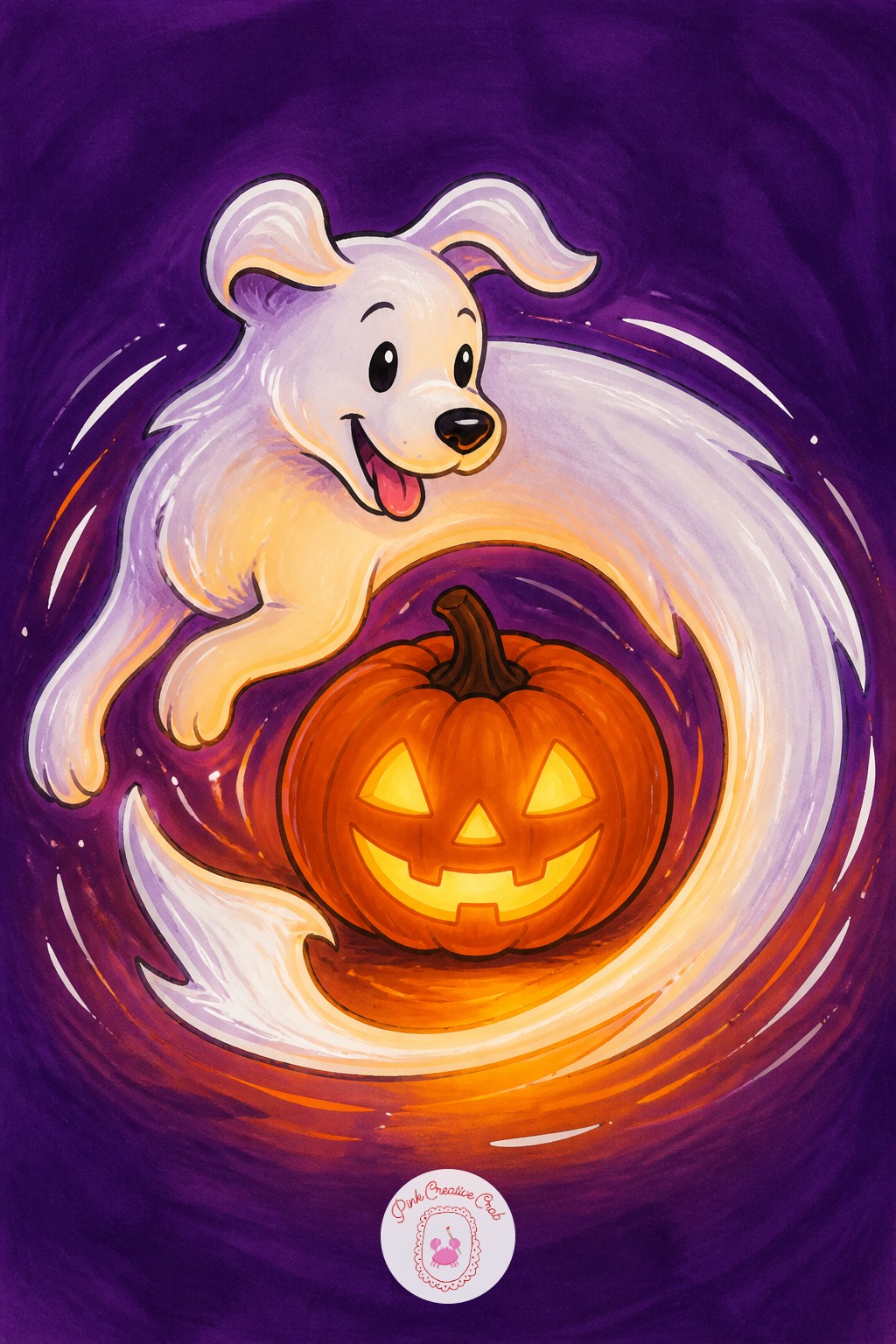 Ghost Dog Chasing Its Tail Around A Pumpkin — Keep the proportion simple: the ghost dog's body should curve into roughly a circle shape when chasing its tail