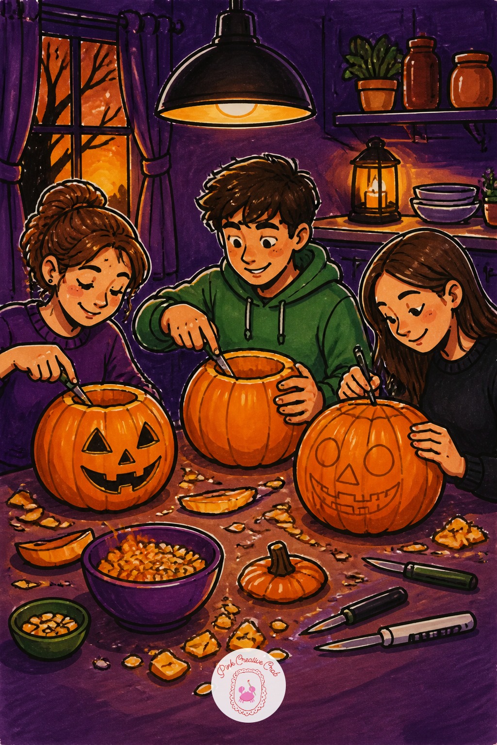 Pumpkin Carving Contest On A Kitchen Table — First three marks: the table surface as a simple horizontal band, then two or three pumpkins in various stages of