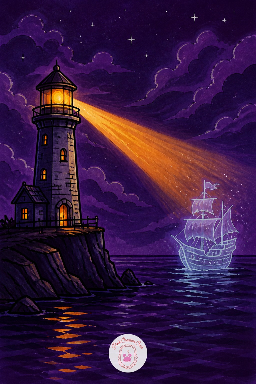 Haunted Lighthouse Guiding A Tiny Ghost Ship — Eye level sits low and far out, as if viewed from the water, which makes the lighthouse tower lean upward