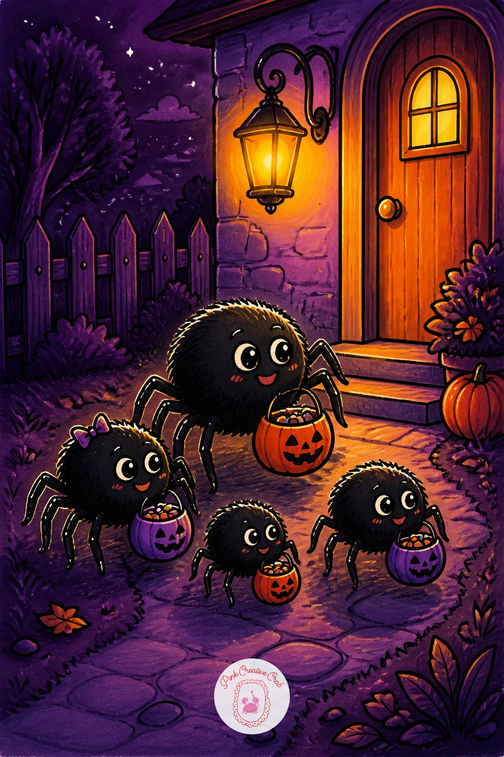 Spider Family Trick-Or-Treating Door To Door — The usual mistake with multiple small characters is spacing them in a perfectly even row, which looks like a
