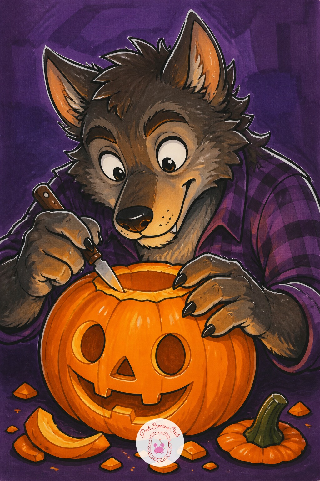 Werewolf Carving A Pumpkin With Great Care — Keep the proportion grounded: seated and leaning over a pumpkin, the werewolf's head and the pumpkin should sit
