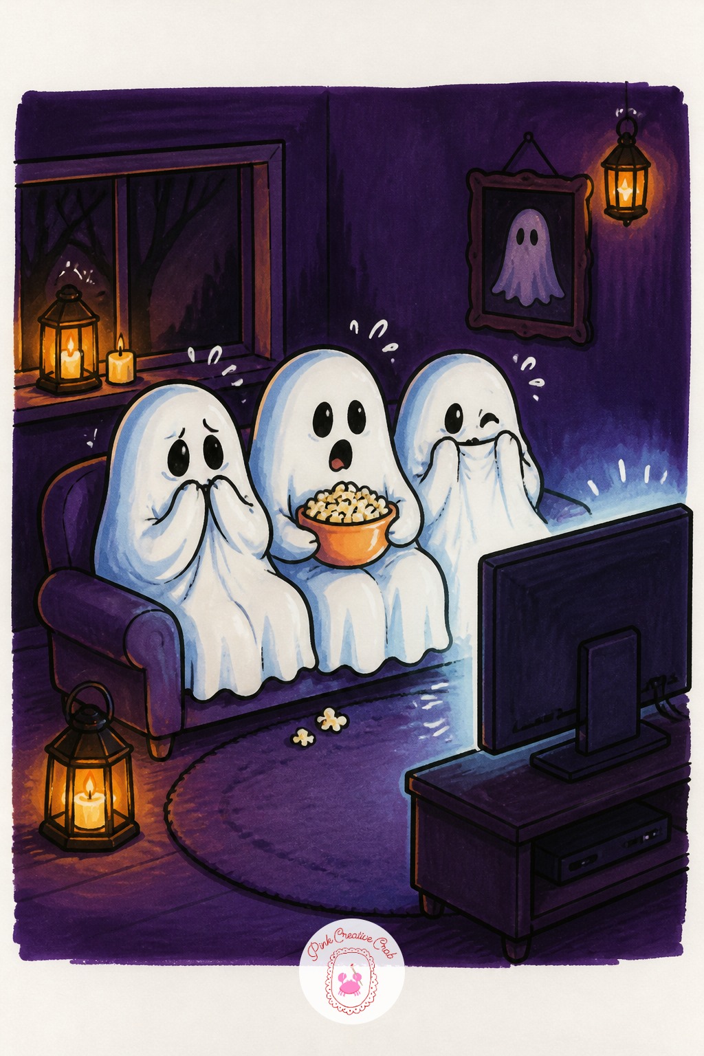 Ghosts Watching A Horror Movie On A Tiny Couch — Vary this one next time by swapping the movie screen's glow for a different color, like a cooler blue-white