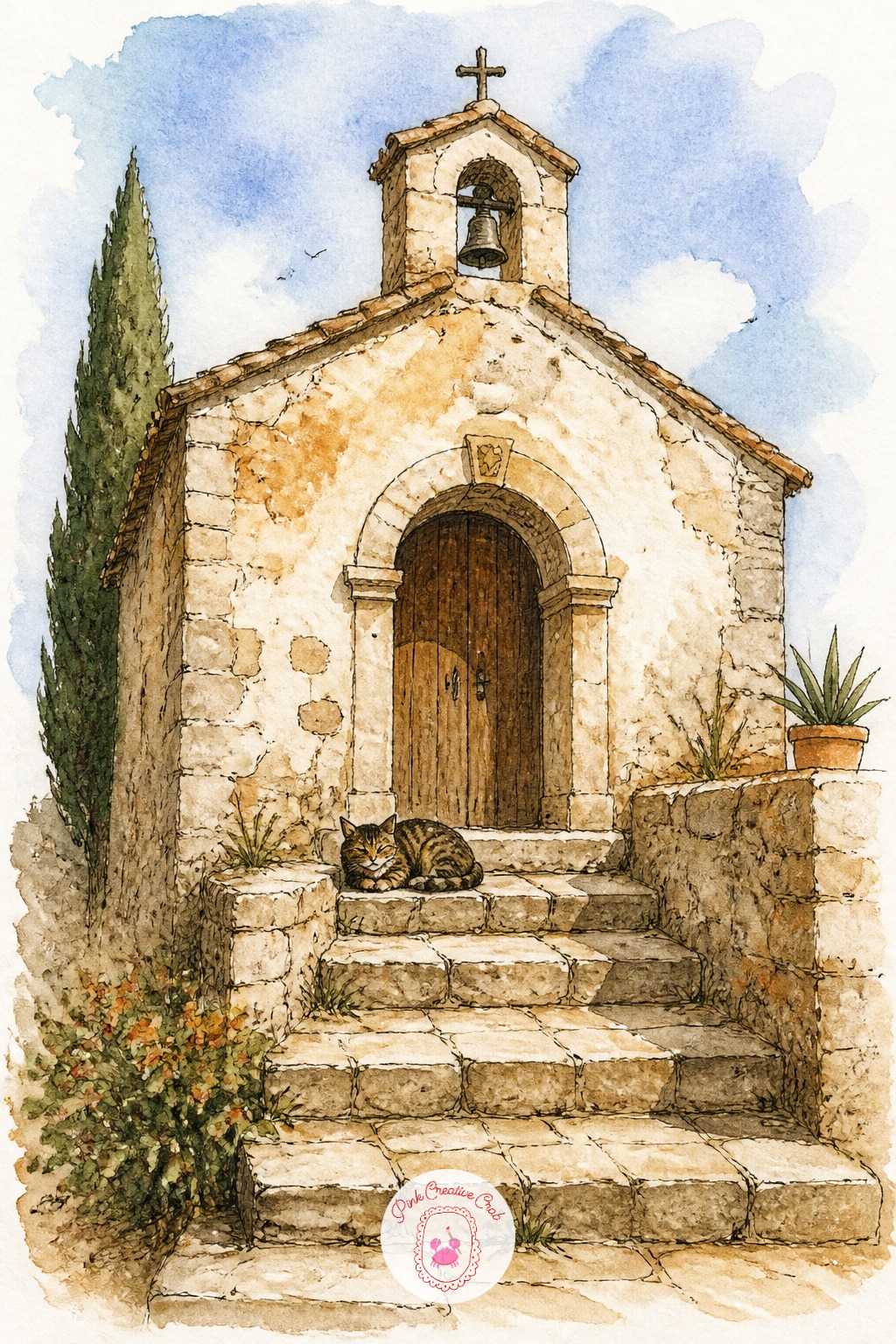 Cat on Chapel Steps — Measure the chapel door against the cat before you draw either. Architecture sketchbook