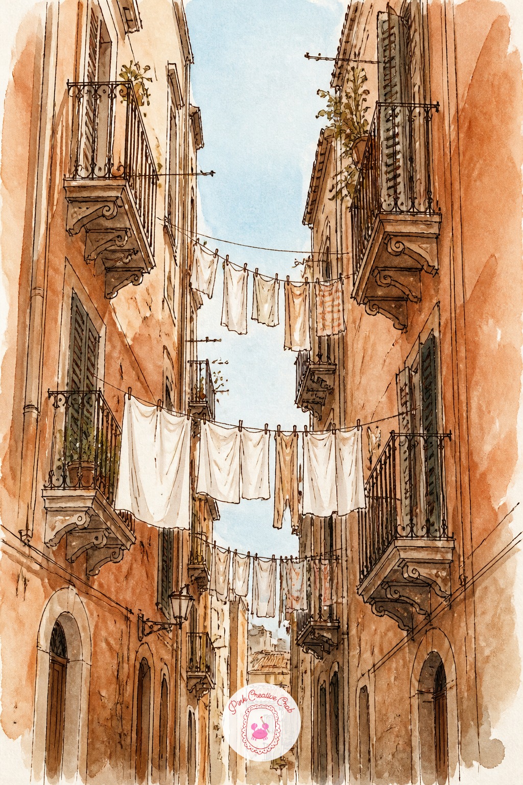 Laundry Between Balconies — The usual mistake here is drawing the laundry line taut and straight, which flattens the whole scene. Architecture sketchbook