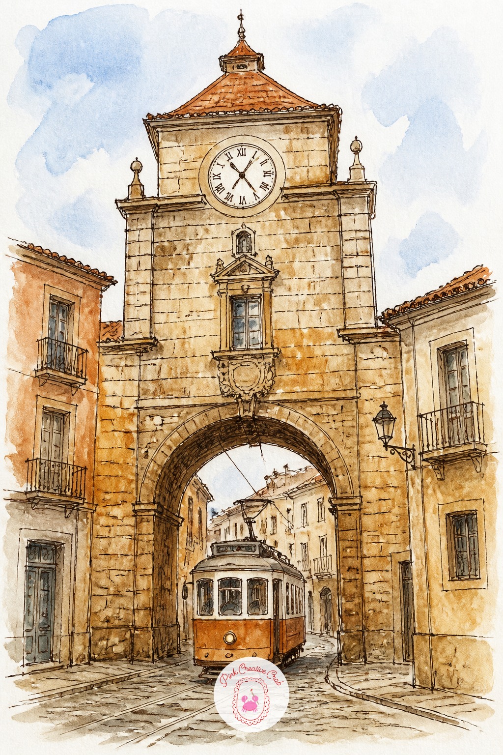 Tram Under the Clock Tower — Place the clock tower's eye level first: decide where your own eyes sit relative to the tower base, since that single choice