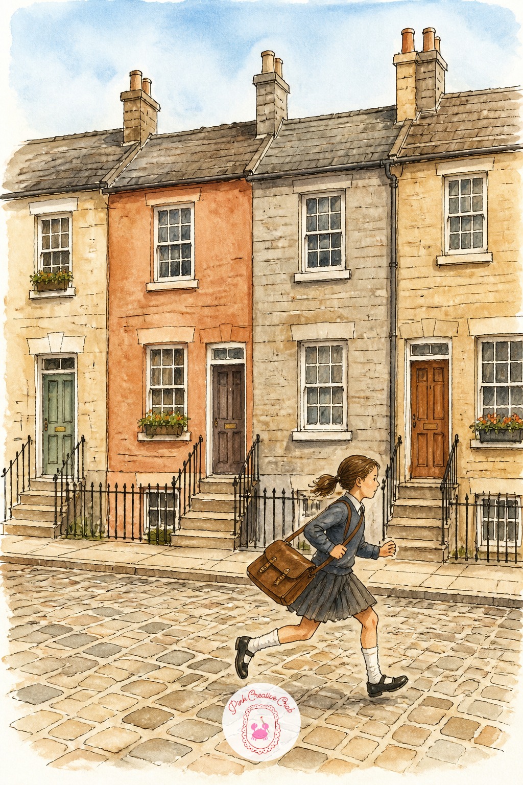 Schoolgirl Running Past a Terraced Row — Use a soft pencil, a 2B or softer, for the underdrawing on this one, since the terraced row needs loose guide lines