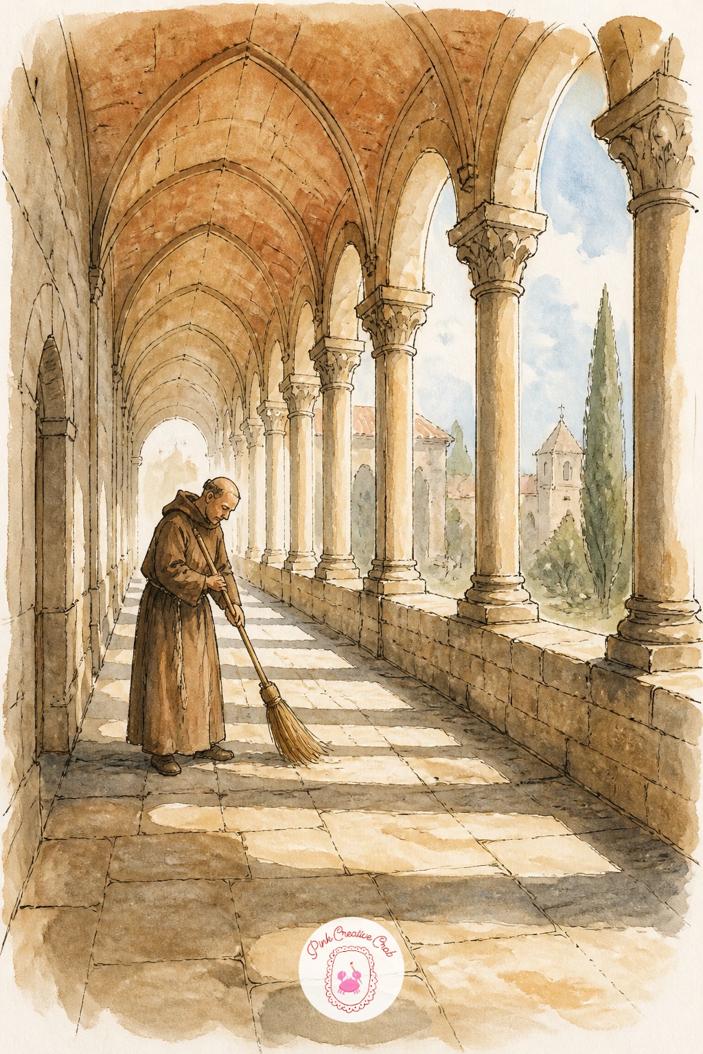 Monk Sweeping a Cloister Walk — Light source decides everything in a cloister. Architecture sketchbook