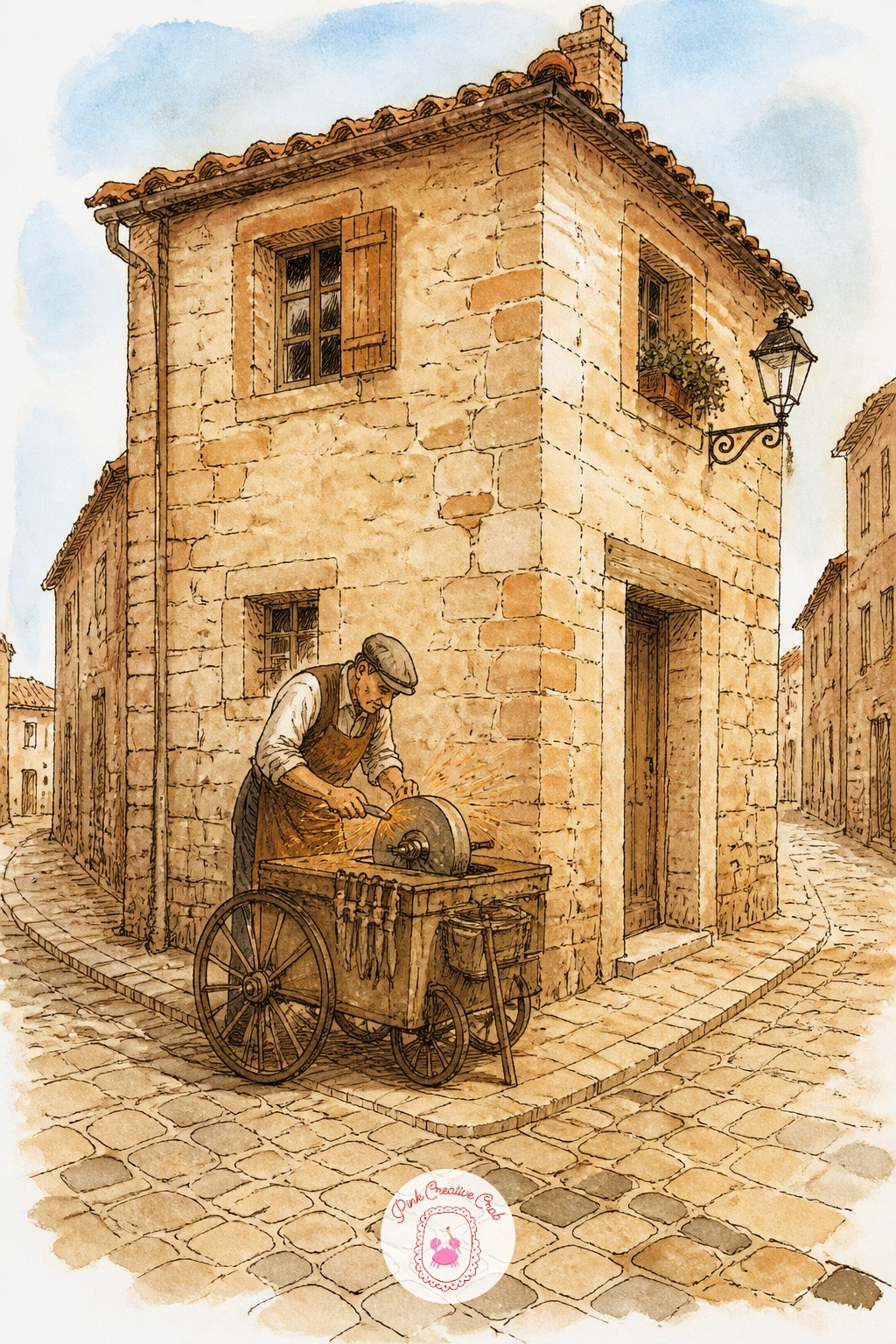 Knife Sharpener's Cart on a Cobbled Corner — Begin with the corner building's two visible wall faces meeting at an angle, since getting that corner right