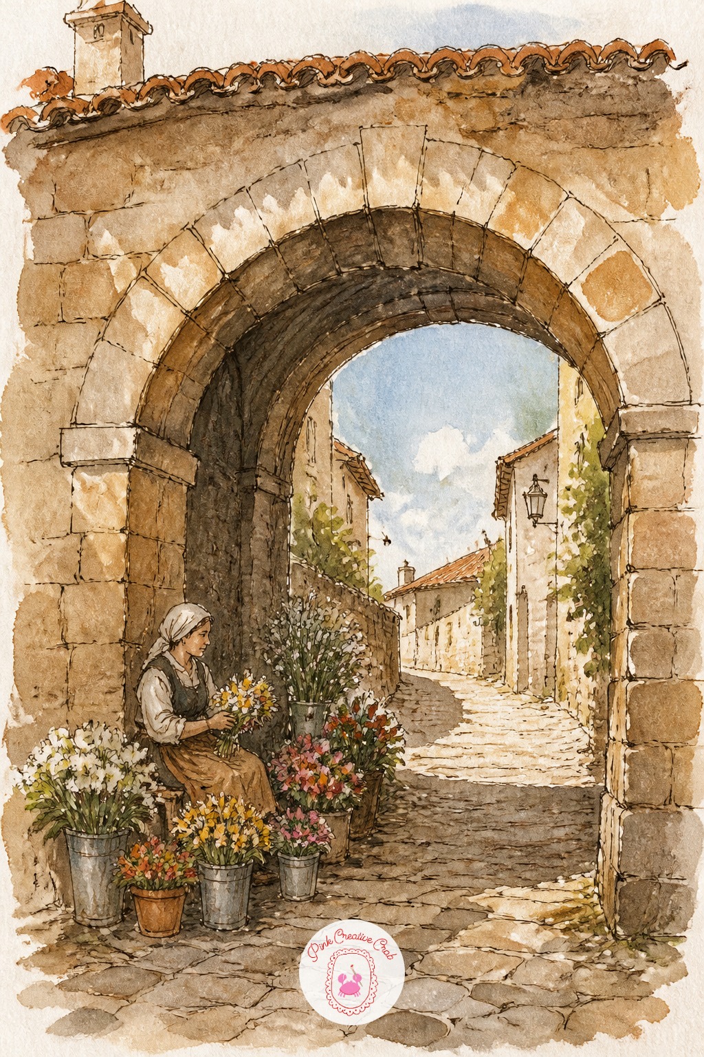 Flower Seller Beneath a Stone Archway — Count heads before you draw the archway. Architecture sketchbook