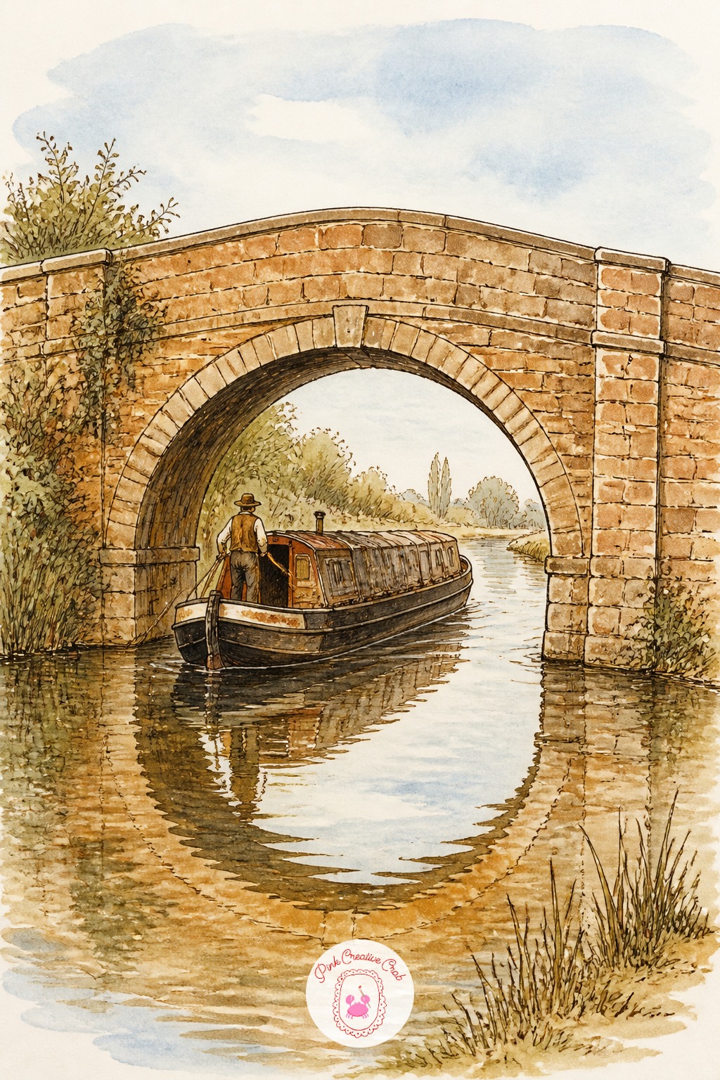 Barge Passing Under a Stone Bridge — Draw the bridge's arch and its reflection as one continuous curve before adding the water line between them. Architecture